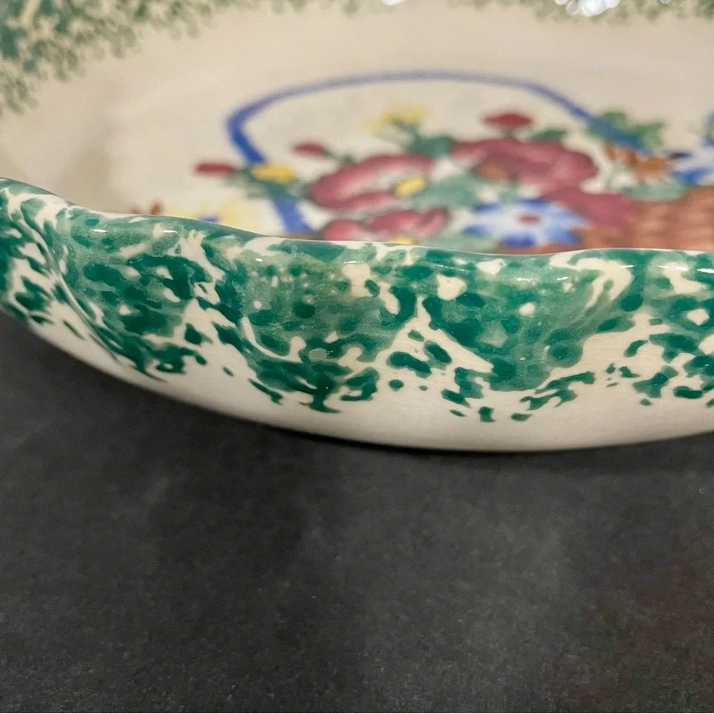 Flower Basket Pie Plate Pottery with Ruffle Edge in Green Sponge Paint 1980’s